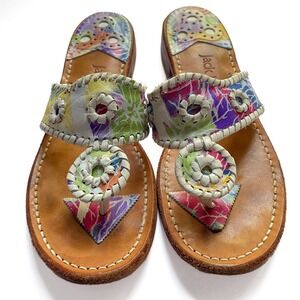 Jack Rogers Leather Sandals Thong Floral Print Older Style Comfort Flats Size 7
